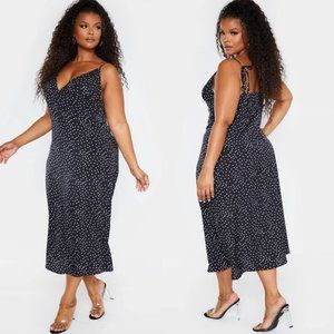 PRETTYLITTLETHING Black Polka Dot Tie Shoulder Midi Dress 2X 20